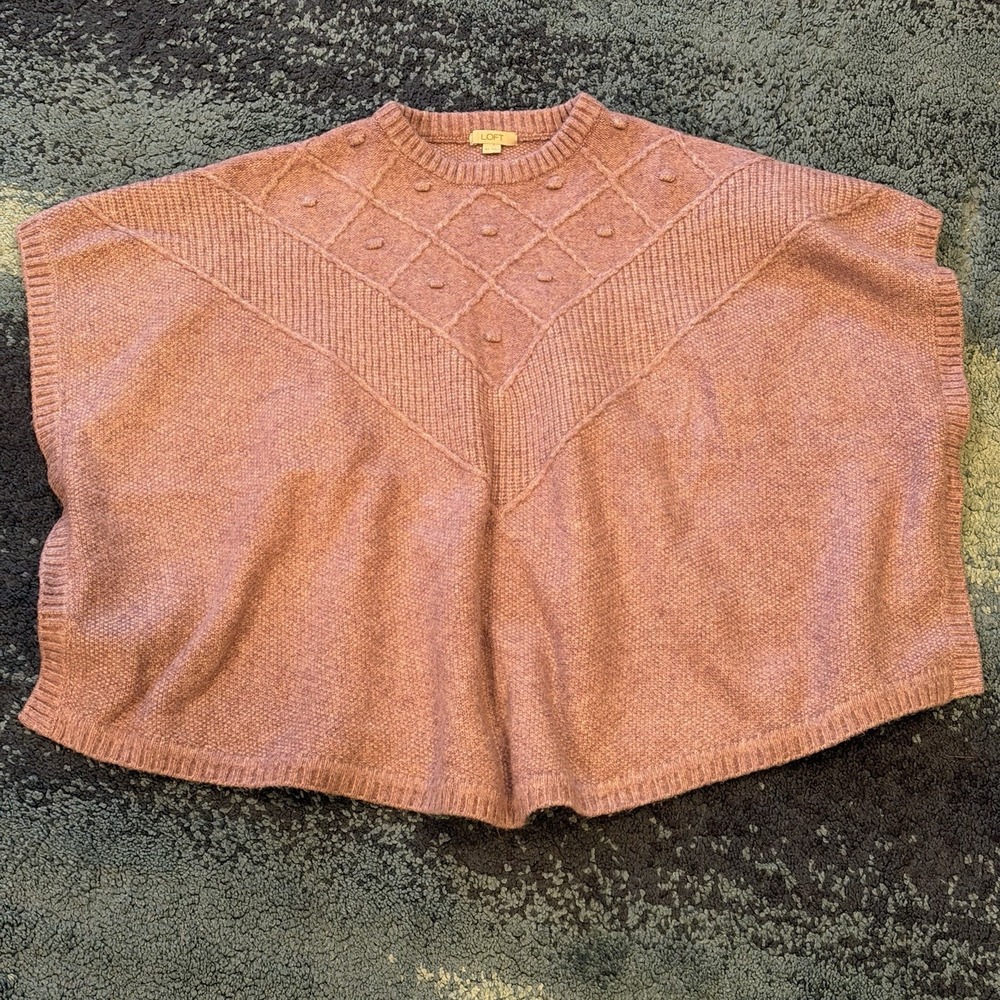 Loft Poncho Sweater Wool Blend Mauve Pink Purple Pullover Crew Cable Knit M/L
